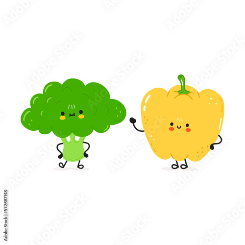 Broccoli and bell pepper card. Vector hand drawn doodle style cartoon character illustration icon design. Happy broccoli and bell pepper friends concept card