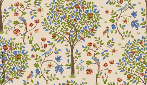 Fantasy tree with birds seamless ornament on light background. Vector illustration