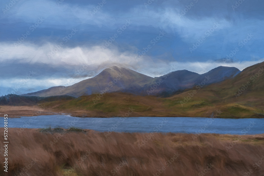 Digital painting of Moel Hebog Mountain. Snowdonia National Park in North Wales, UK from Llyn Dywarchen