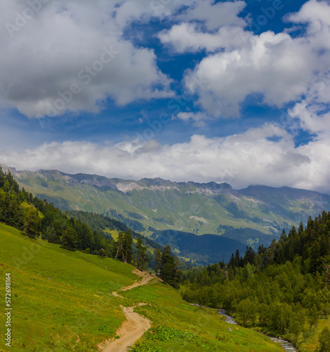 Fototapeta Naklejka Na Ścianę i Meble -  small ground touristic way in green mountain valley, summer touristic scene