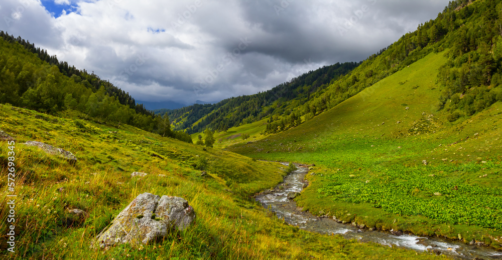 river rushing through the mountain valley, natural travel landscape river rushing through the mountain valley, natural travel landscape