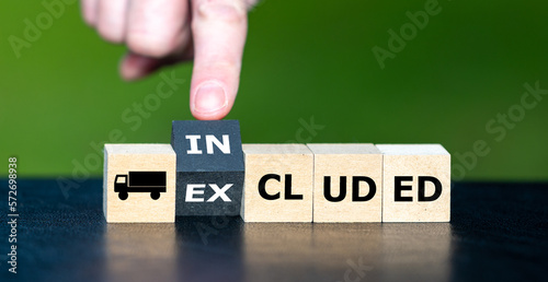 Symbol for a free delivery. Hand turns wooden cube and changes the word excluded to included.