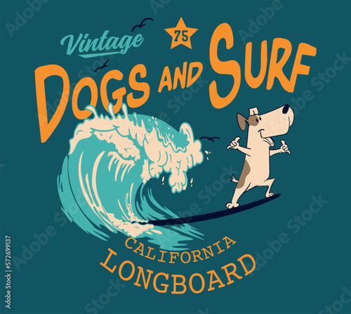 surf's up slogan with dog toy holding surf board taking selfie illustration