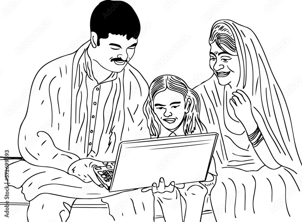 sketch drawing of village family holding in laptop, line art vector