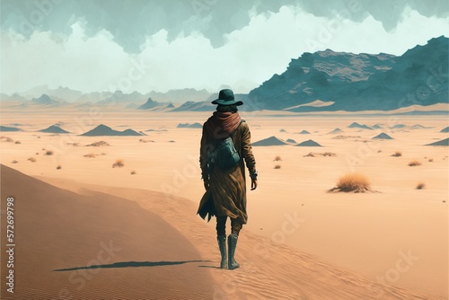The wanderer is walking through the desert with mountains in the background. Wild west  post-apocalypse  high noon. Illustration in high quality. Generative AI