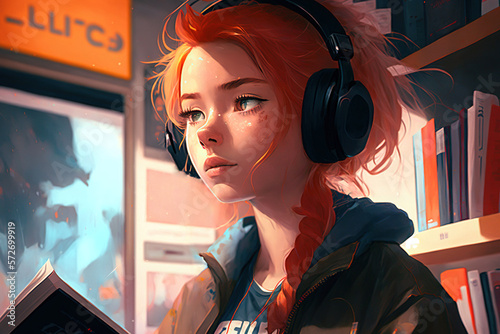 Fotografiet An anime-style girl with red hair wearing headphones, lo-fi style, generative ai