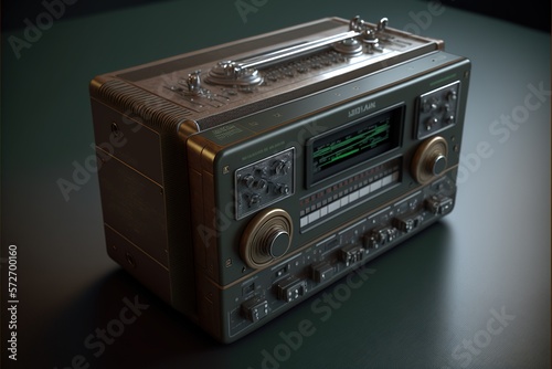 Old retro radio. Listen to music, news, cassette, film machine, buttons, bass speaker. illustration in high quality. Generative AI