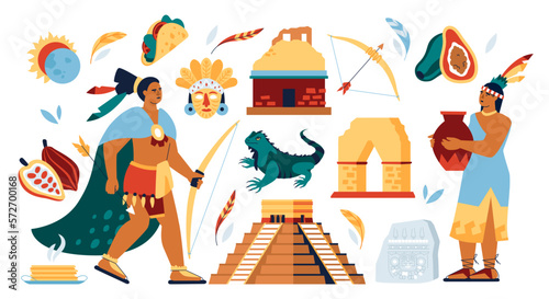 Mayan and Indian life - flat design style illustration set