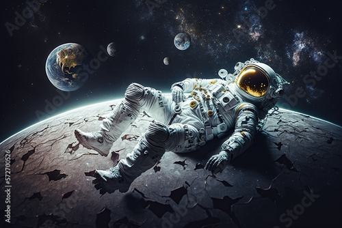 Lying astronaut under a planet with sidereal universe and planets in the background
