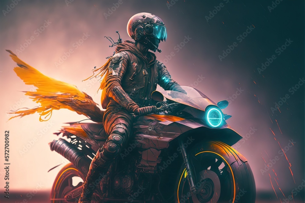 Futuristic biker with his motorcycle. City of the future, cyberpunk, bright colors, new technologies, neon, cybernetic armor. Illustration in high quality. Generative AI