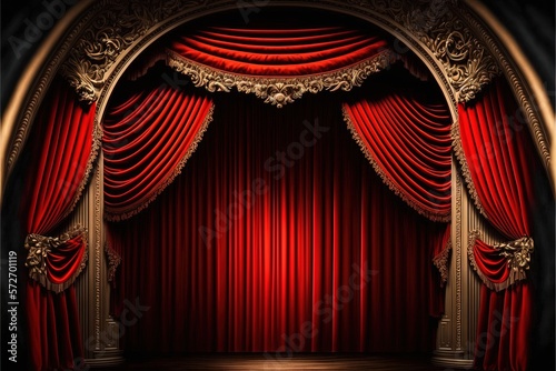 Theater curtains. Cinema, red colors, actors performance, golden ornament, stage. Illustration in high quality. Generative AI