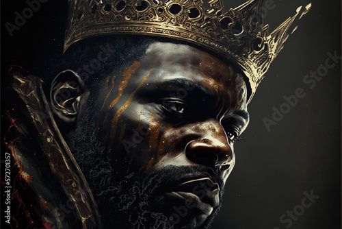 Black skin king in a crown on a gradient background. Leader, combat makeup, tattoos, tribal leader, black skin, symbol of power. Illustration in high quality. Generative AI photo