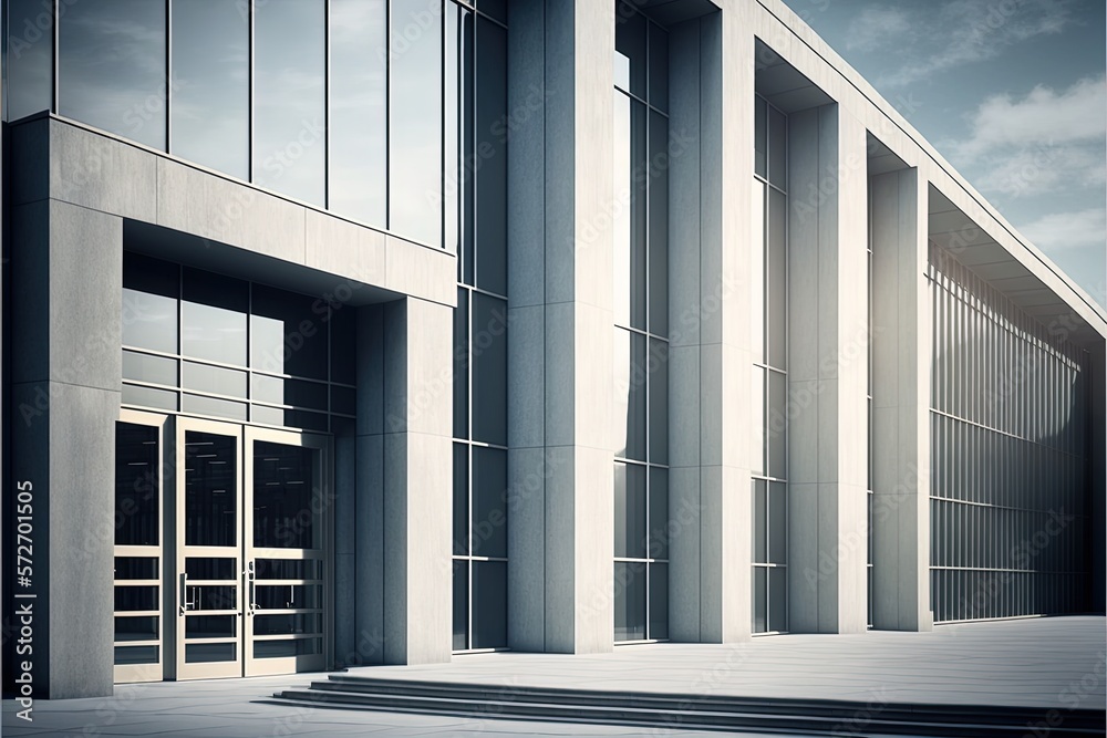 Entrance to an office building in the glass modern style. Dark shades, city of the future, steps, panoramic windows. Exterior concept. Illustration in high quality. Generative AI