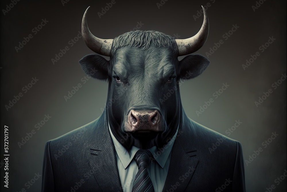 Bull in a jacket suit on a gray background close up. Animals, serious look, funny pictures, concept idea. Illustration in high quality. Generative AI Bull in a jacket suit on a gray background close up. Animals, serious look, funny pictures, concept idea. Illustration in high quality. Generative AI