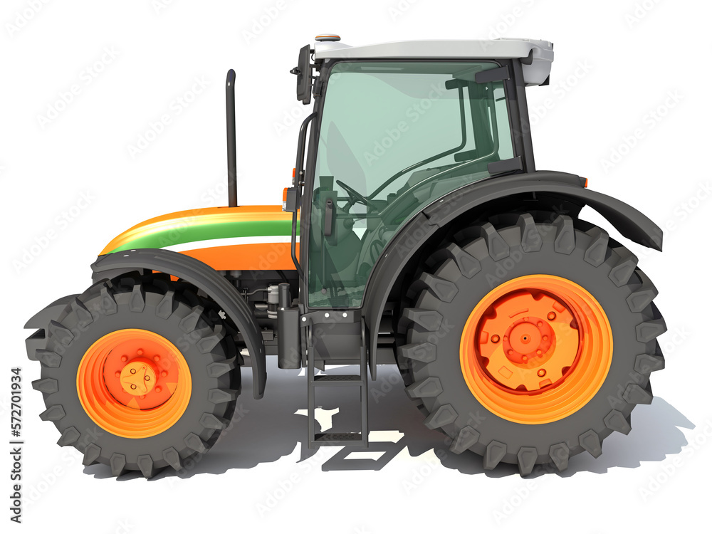 Farm Tractor 3D rendering on white background Farm Tractor 3D rendering on white background
