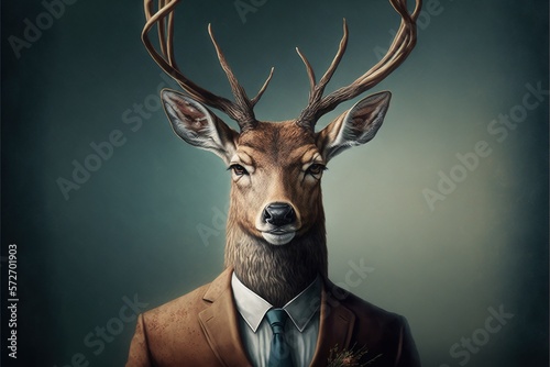 Deer in a jacket suit on a gray with big horn background close up. Animals, serious look, funny pictures, concept idea. Illustration in high quality. Generative AI