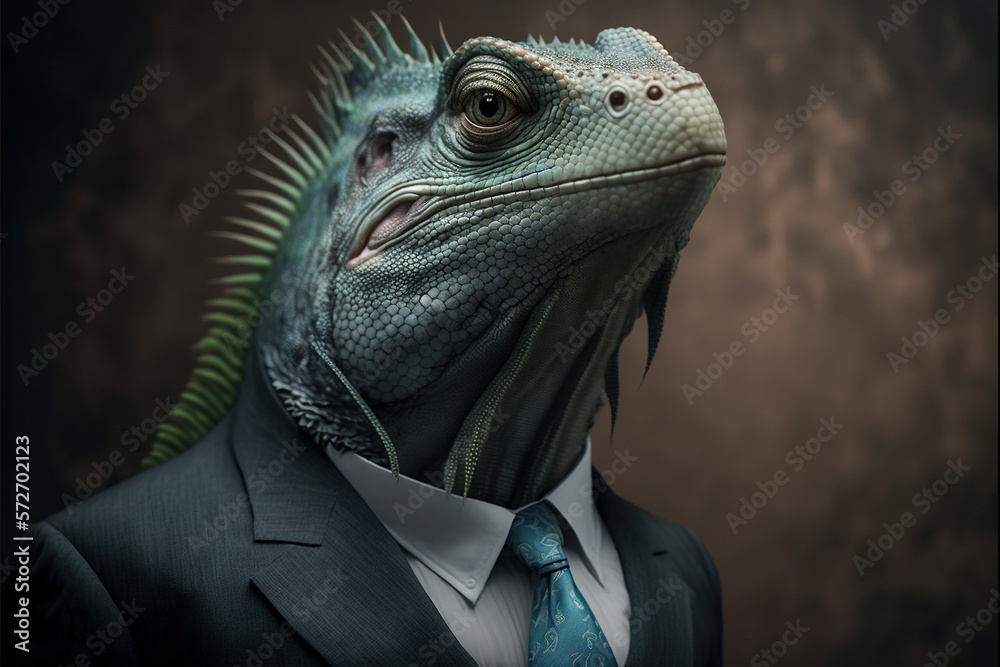 Iguana in a formal suit on a gray background close up. Animals, serious look, funny pictures, concept idea. Illustration in high quality. Generative AI