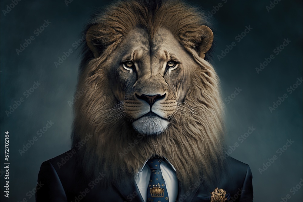 Bussieness lion in a jacket suit on a gray with a tie background close up. Animals, serious look, funny safari. Office suit concept. Illustration in high quality. Generative AI Bussieness lion in a jacket suit on a gray with a tie background close up. Animals, serious look, funny safari. Office suit concept. Illustration in high quality. Generative AI