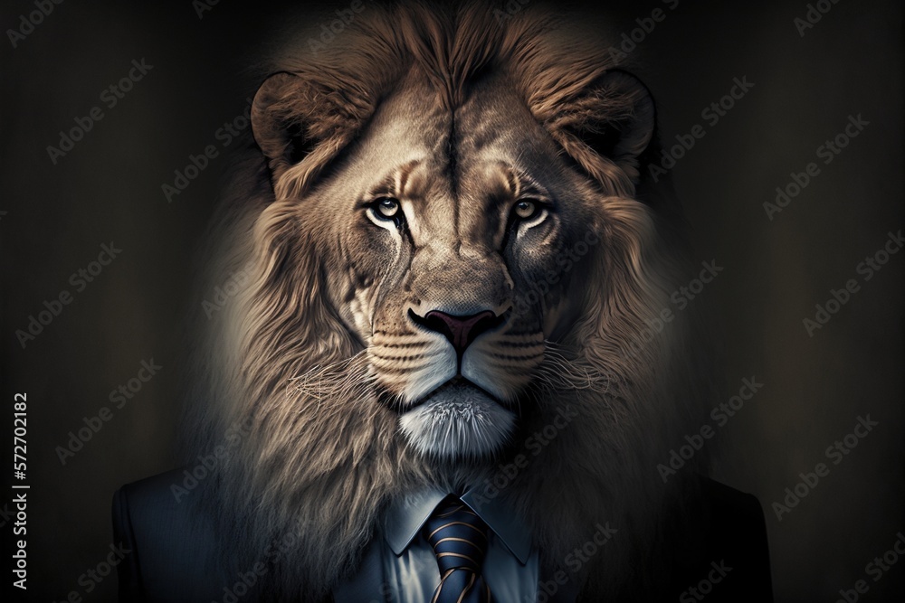 Bussieness lion in a jacket suit on a gray with a tie background close up. Animals, serious look, funny safari. Office suit concept. Illustration in high quality. Generative AI Bussieness lion in a jacket suit on a gray with a tie background close up. Animals, serious look, funny safari. Office suit concept. Illustration in high quality. Generative AI