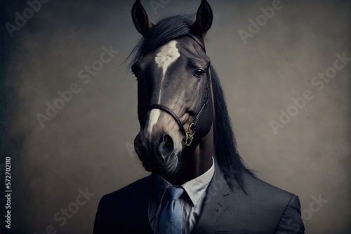 Horse in a formal suit on a gray background close up. Animals, serious look, funny pictures, concept idea. Illustration in high quality. Generative AI