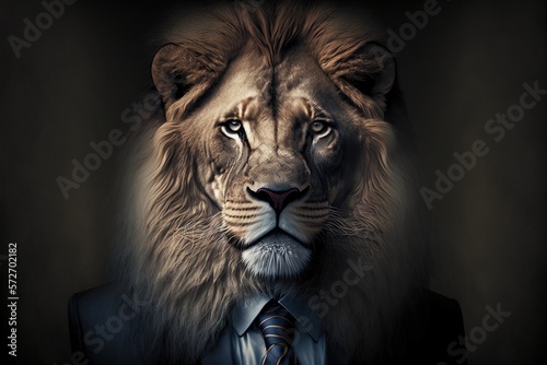 Bussieness lion in a jacket suit on a gray with a tie background close up. Animals  serious look  funny safari. Office suit concept. Illustration in high quality. Generative AI