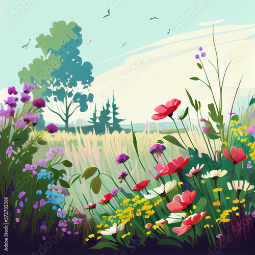 Illustration of a flower meadow in spring. Beautiful cosmos Iullstration flowers blooming in garden. Beautiful summer natural background. White daisies and wild flowers on the meadow. Generative AI