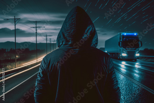 a man in a hoodie on a street, a truck in the background, Generative AI