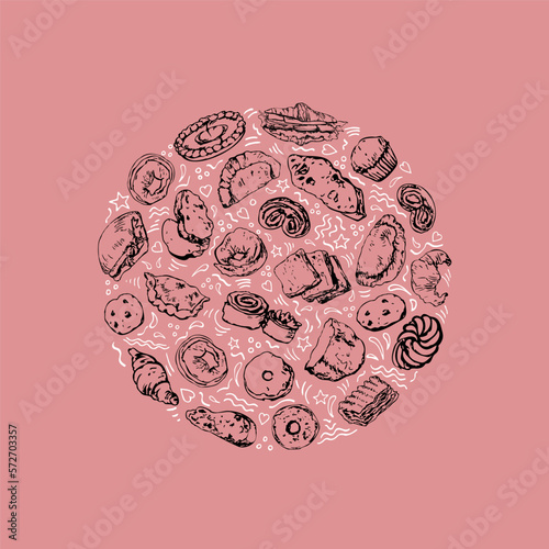 Outline sketch of bread and bakery in round