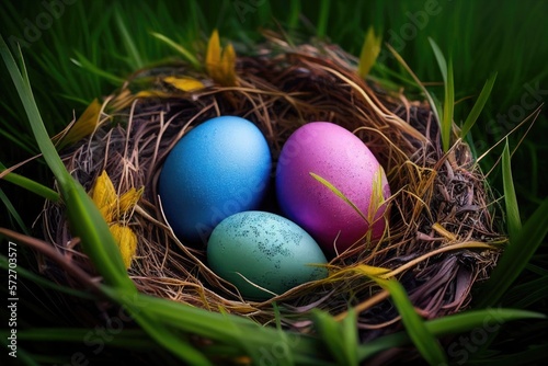 Easter Eggs in nest on green grass, Generative AI