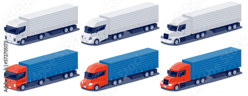 Types of semi semi truck with trailer isolated on white background. EU european, US american and electric diesel tractor transport vehicles with cargo delivery utility lorry container. Front side view (ID: 572705175)