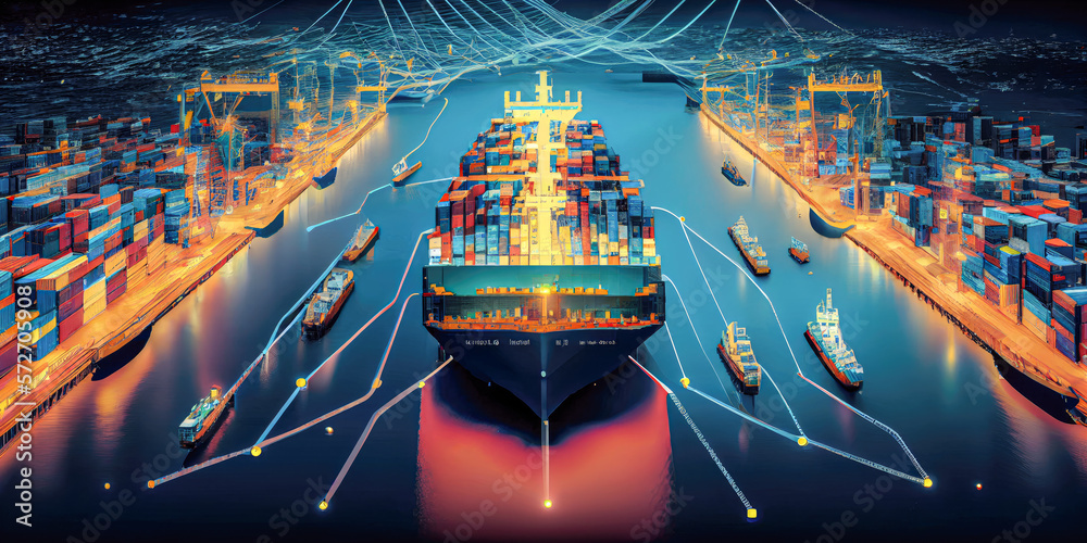 container ship with world map digital network, shipping import export ...
