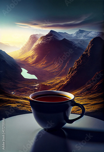 Cup of hot coffee or tea on background of picturesque mountain view..Generative AI. 4