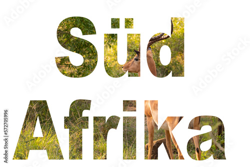 South Africa landscape and wildlife incorporated in a font with the word South Africa German word Südafrika as png