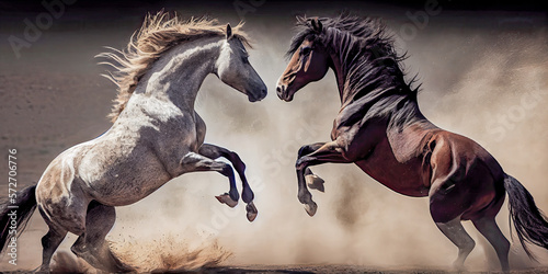 Dois cavalos a lutar no deserto, generativa ia photo