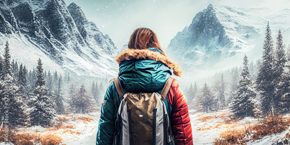 Woman hiking in the mountain in winter, sports concept, generative ai Woman hiking in the mountain in winter, sports concept, generative ai