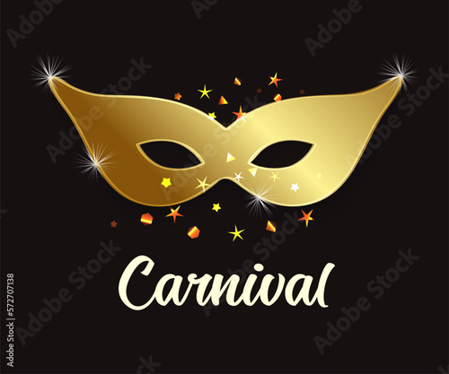 Golden carnival mask on black background. Holiday Purim, traditional jewish symbol. Mardi gras vector illustration