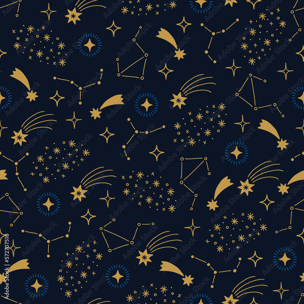 Fototapeta premium Magic seamless pattern with stars, comets and constellation. Vector illustration