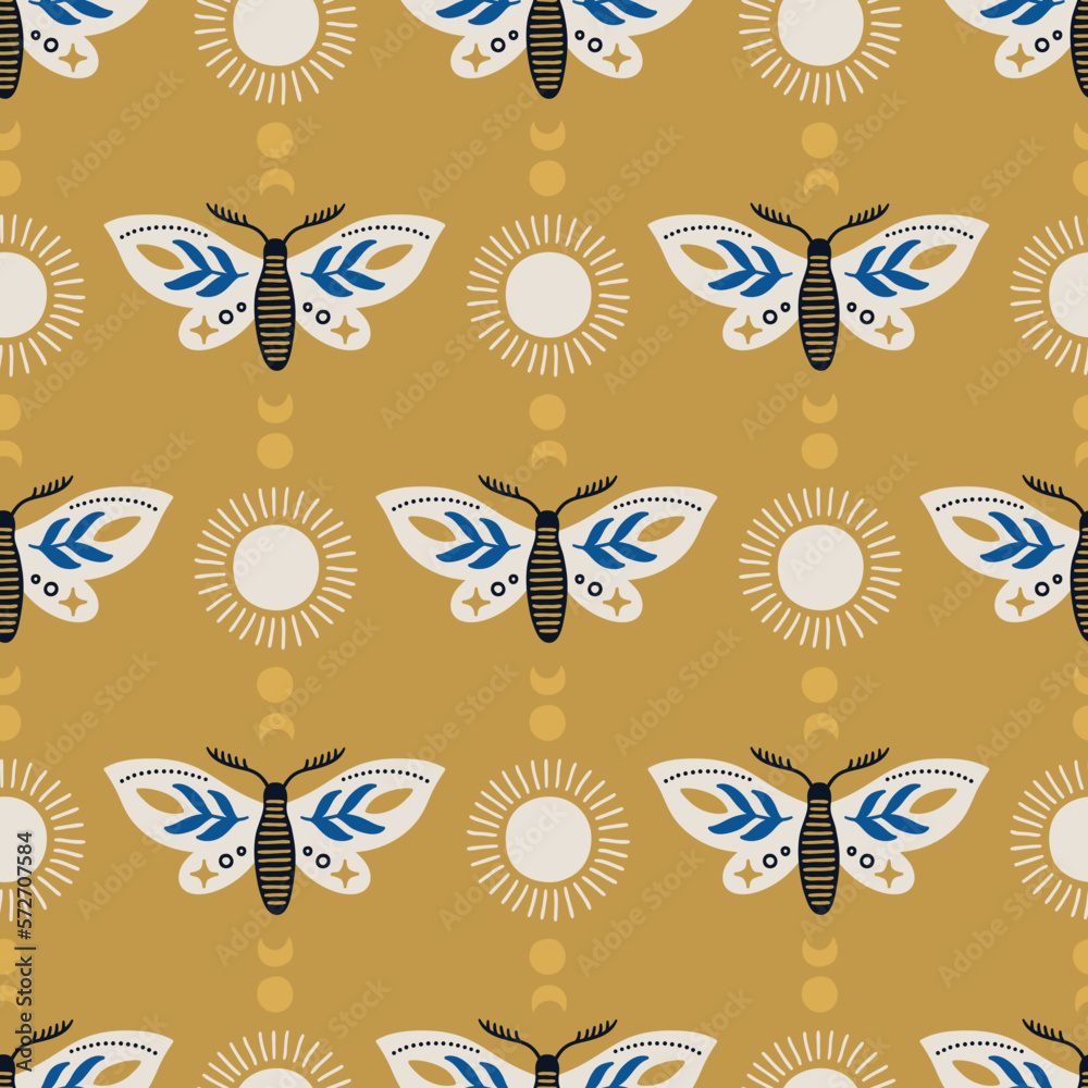 Magic seamless pattern with butterflies, sun and moon. Vector illustration