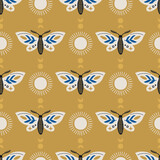 Magic seamless pattern with butterflies, sun and moon. Vector illustration