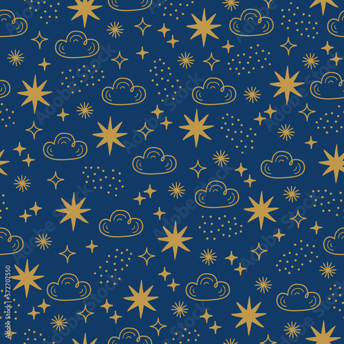 Magic seamless pattern with stars and clouds on blue background