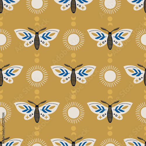 Magic seamless pattern with butterflies  sun and moon. Vector illustration