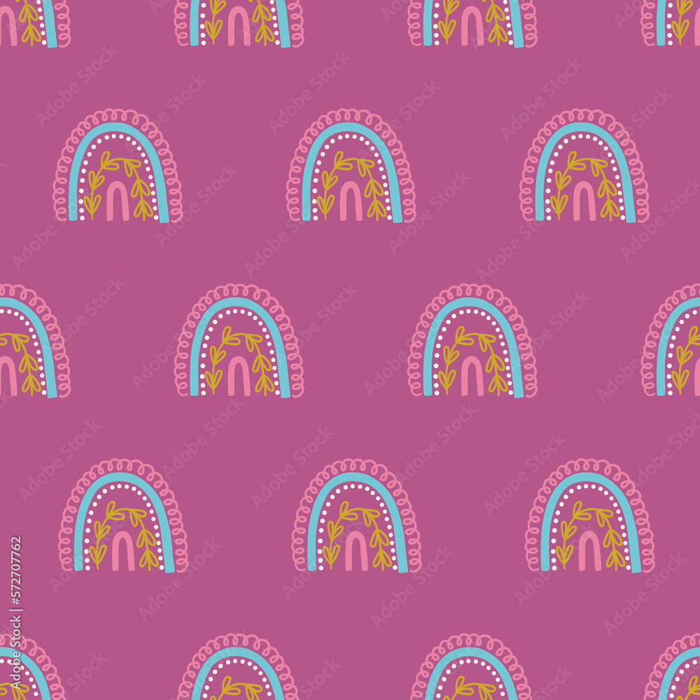 Hand drawn seamless pattern with rainbows on pink background Hand drawn seamless pattern with rainbows on pink background