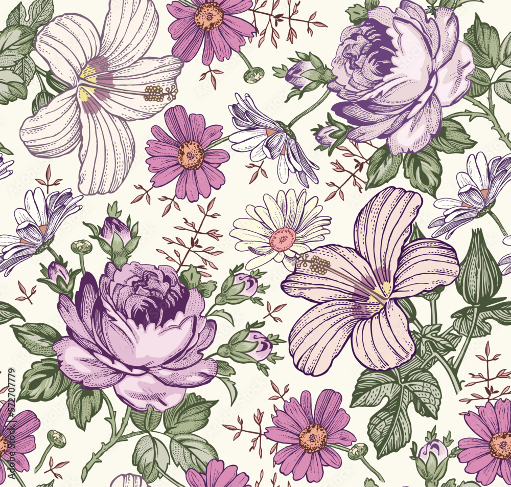 Seamless pattern. Beautiful pink blooming realistic isolated flowers. Vintage background. Set Chamomile Roses hibiscus mallow wildflowers. Wallpaper. Drawing engraving. Vector victorian Illustration Seamless pattern. Beautiful pink blooming realistic isolated flowers. Vintage background. Set Chamomile Roses hibiscus mallow wildflowers. Wallpaper. Drawing engraving. Vector victorian Illustration