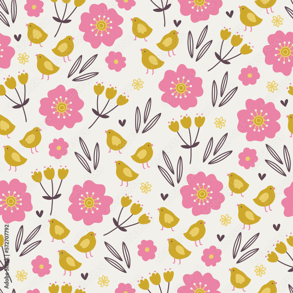 Easter seamless pattern with flowers, leaves and chicken. Vector illustration