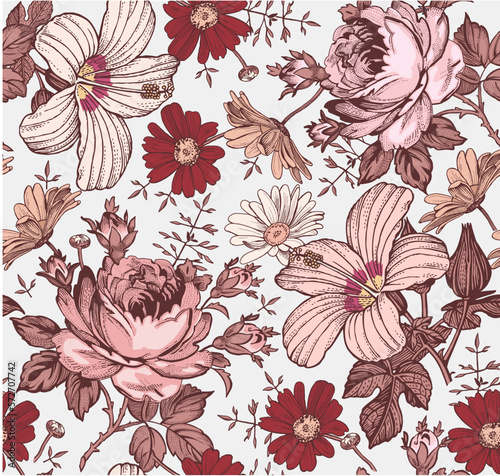 Seamless pattern. Beautiful pink blooming realistic isolated flowers. Vintage background. Set Chamomile Roses hibiscus mallow wildflowers. Wallpaper. Drawing engraving. Vector victorian Illustration