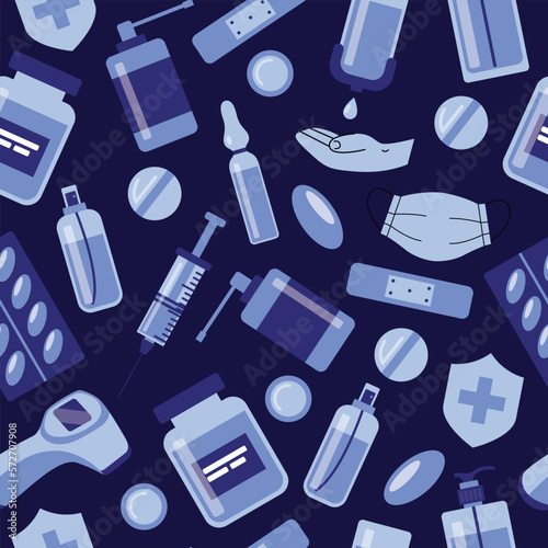 Medicine, pharmacy, hospital seamless pattern drugs, pills, syringe, hand sanitizer. Medication, pharmaceutics, illness, health concept. Vector illustration isolated on background