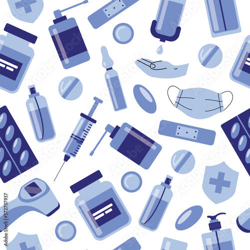 Medicine, pharmacy, hospital seamless pattern drugs, pills, syringe, hand sanitizer. Medication, pharmaceutics, illness, health concept. Vector illustration isolated on background