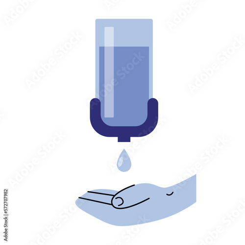 Hand sanitizer. Alcohol rub sanitizer kills bacteria stop viruses coronavirus. Hygiene product. Sanitizer bottle and wall mounted container. Covid-19 spread prevention flat illustration isolated 