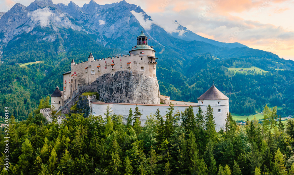Aerial View Hohenwerfen Castle and Fortress in Werfen, Austria, Showcasing Beauty of History and Nature from Above