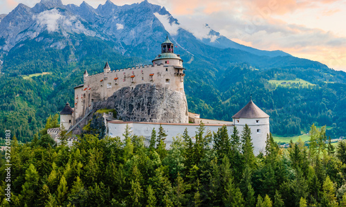 Aerial View Hohenwerfen Castle and Fortress in Werfen, Austria, Showcasing Beauty of History and Nature from Above